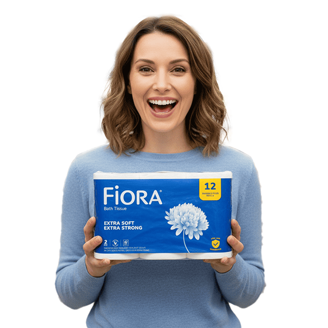 woman holding Fiora brand bath tissue